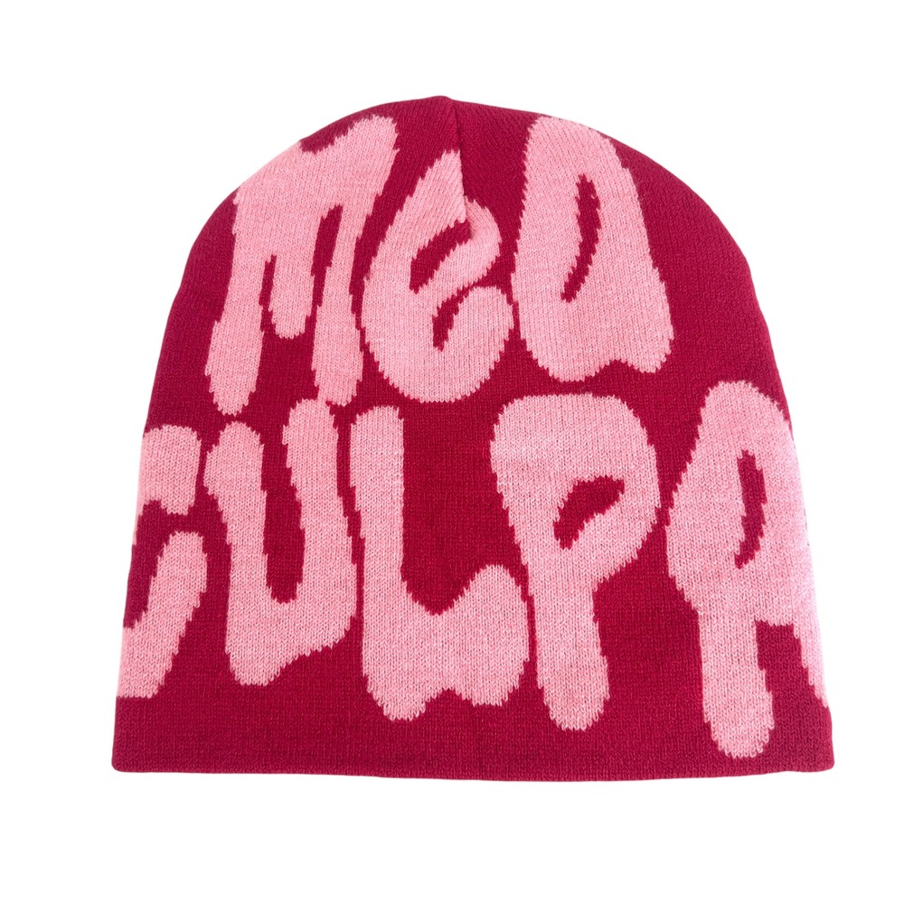 Mea Culpa Beanie Pink Magenta Knit Jacquard Logo Streetwear Hat